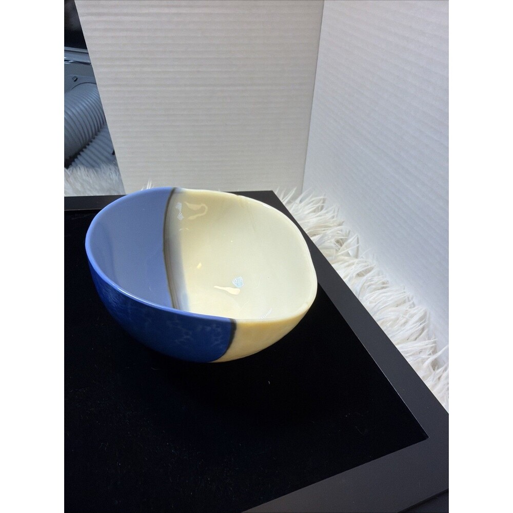 Studio Art Pottery Ceramic Bowl Dish Blue Beige- Interior Glaze Unsigned Vintage